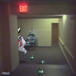 anthro beverage_can biped black_body black_fur blushing_at_viewer christmas_decorations christmas_tree ear_piercing ear_ring eyebrows female fur grey_hair hair hiding holidays humor inside long_hair looking_at_viewer multicolored_body multicolored_fur peeking_around_corner photo_background piercing plant red_sclera ring_piercing solo text tree two_tone_body two_tone_fur white_body white_eyes white_fur h1draw christmas hellaverse helluva_boss mythology loona_(helluva_boss) canid canid_demon canine demon hellhound mammal mythological_canine mythological_creature 1:1 2026 english_text mixed_media photography_(artwork)