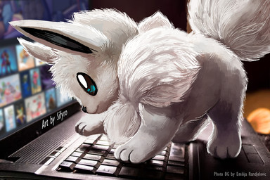 3_fingers 3_toes ambiguous_gender beady_eyes black_inner_ear computer detailed_background digitigrade electronics feet feral fingers fluffy fluffy_tail fur glistening glistening_eyes green_eyes keyboard laptop painting_(object) paws photo_background quadruped ruff solo standing tail toes white_body white_fur blitzdrachin conditional_dnp furaffinity nintendo pokemon canid eevee generation_1_pokemon mammal pokemon_(species) 2022 digital_media_(artwork) digital_painting_(artwork) mixed_media painting_(artwork) photography_(artwork) shaded