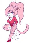 anthro big_breasts biped blue_eyes breasts cleavage clothed clothing countershading female fishnet_clothing fishnet_legwear footwear fur hair high_heels legwear looking_at_viewer pink_body pink_fur shoes solo thick_thighs smaggthesmug vg_cats aeris_(vg_cats) domestic_cat felid feline felis mammal