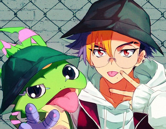 anthro blep bucket_hat clothing duo eyewear glasses green_body hair hat headgear headwear male multicolored_hair tongue tongue_out st14_kr010 bandai_namco digimon digimon_beatbreak tomoro_tenma digimon_(species) gekkomon human mammal scalie