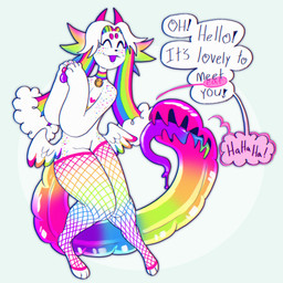 ambiguous_gender anthro black_nose blue_outline blue_tongue bodily_fluids bottomwear candy choker clothed clothing cloud dessert dialogue dot_nose drooling eyebrows eyelashes eyes_closed fangs feathered_wings feathers featureless_crotch feet fishnet_clothing fishnet_legwear fishnet_thigh_highs food freckled_face freckled_hips freckled_shoulders freckles green_tongue greeting grey_background gummy_(food) gummy_worm hair handpaw hands_together heart_(marking) heart_symbol hindpaw hip_wings horn jagged_mouth jewelry legwear long_tail long_tongue markings multicolored_body multicolored_bottomwear multicolored_choker multicolored_clothing multicolored_feathers multicolored_hair multicolored_jewelry multicolored_legwear multicolored_necklace multicolored_pawpads multicolored_tail multicolored_thigh_highs multicolored_tongue necklace open_mouth orange_heart orange_pawpads outline pawpads paws pink_eyebrows pink_heart pink_horn pink_pawpads purple_mouth purple_pawpads purple_tongue rainbow_body rainbow_choker rainbow_clothing rainbow_feathers rainbow_freckles rainbow_jewelry rainbow_legwear rainbow_necklace rainbow_symbol rainbow_tail rainbow_thigh_highs rainbow_wings saliva simple_background smile smiley_face solo speech_bubble tail tail_mouth teeth text thigh_highs tongue tongue_out unusual_anatomy unusual_tail unusual_wing_placement white_arms white_body white_chest white_face white_feathers white_hair white_legs white_neck white_paws white_wings wings x_eyes plentyofsoup toto_(plentyofsoup) angel demon felid feline food_creature gummy_creature hybrid lagomorph leporid living_candy mammal rabbit 1:1 adversarial_noise chromatic_aberration digital_drawing_(artwork) digital_media_(artwork) english_text full-length_portrait handwritten_text hi_res portrait