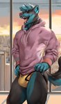 anthro black_body black_fur blue_body blue_fur bulge clothed clothing eyes_closed fur hoodie jockstrap male multicolored_body multicolored_fur open_mouth solo tail topwear two_tone_body two_tone_fur underwear juiceps rogue_fang kaduseon canid canine canis domestic_dog mammal shiba_inu spitz 2023 hi_res