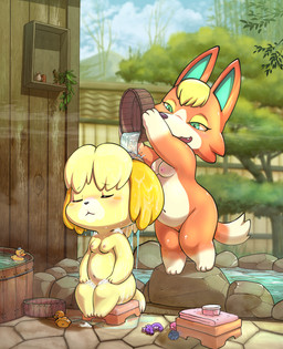 3_fingers 3_toes anthro areola bath bath_toy bathhouse bathing bathing_together biped black_eyebrows black_nose blonde_hair blush blush_stickers breasts casual_nudity cheek_tuft cloud day detailed_background duo exposure_variation eyebrows eyelashes eyes_closed eyeshadow facial_tuft fangs feet female female_anthro fingers fur genitals glistening glistening_body glistening_eyes gloves_(marking) green_eyes green_inner_ear hair half-closed_eyes hand_on_leg hand_on_own_leg hand_on_own_thigh hand_on_thigh holding_object innie_vulva leg_markings long_eyelashes looking_at_another makeup markings mouth_closed multicolored_body multicolored_fur multicolored_tail narrowed_eyes navel nipples nude nude_anthro nude_female open_mouth orange_body orange_fur orange_tail pink_areola pink_nipples pink_nose plant pointy_ears prick_ears rubber_duck sitting sky soap socks_(marking) tail teeth thin_eyebrows toes tree tuft two_tone_body two_tone_fur vulva water wet wet_body wet_fur white_body white_fur white_tail yellow_body yellow_eyeshadow yellow_fur yellow_tail lkiws animal_crossing nintendo audie_(animal_crossing) isabelle_(animal_crossing) canid canine canis domestic_dog mammal shih_tzu toy_dog wolf 2026 digital_media_(artwork) hi_res