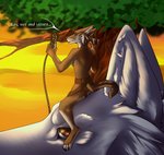 anthro canid canine canis coyote duo female feral harness hi_res imperishable86_(artist) larger_feral mammal plant rope size_difference smaller_anthro smaller_female sunset tree wolf