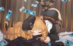 blonde_hair butt clothed clothing earpiece eyes_closed female fingers fur hair hat headgear headwear inside legwear long_hair money sniffing_clothes thigh_highs white_body white_fur oooomiga arknights hypergryph studio_montagne swire_(arknights) animal_humanoid felid felid_humanoid humanoid mammal mammal_humanoid pantherine pantherine_humanoid tiger_humanoid