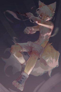 anthro big_tail black_clothing black_footwear black_nose blue_eyes blue_markings bottomwear cheek_tuft clothed clothing facial_tuft footwear fur hair holding_knife holding_object knife looking_at_viewer male markings navel pupils scratches shorts simple_background slit_pupils solo tail topless tuft unsigned white_body white_bottomwear white_clothing white_fur white_hair white_shorts yellow_body yellow_fur young carbonizedaki canid mammal 2022 digital_media_(artwork) digital_painting_(artwork) full-length_portrait hi_res painting_(artwork) portrait