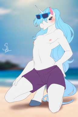 anthro clothed clothing crouching eyewear horn male nipples solo sunglasses swimwear topless nariikhan mythology unio_(zenshu) equid equine mammal mythological_creature mythological_equine unicorn hi_res