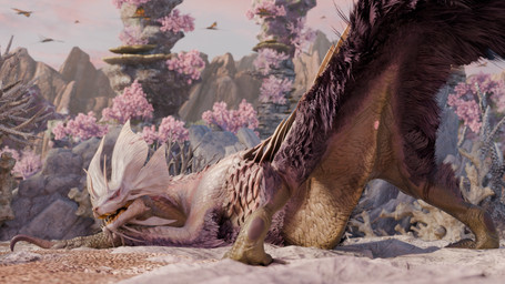 ambiguous_gender animal_genitalia anus arm_tuft ass_up blue_eyes butt chest_tuft claws detailed_background feral fin fur genitals multicolored_body multicolored_scales open_mouth outside pink_body pink_scales presenting presenting_anus presenting_hindquarters pupils purple_body purple_fur raised_tail scales sharp_teeth slit_pupils solo spread_legs spreading tail teeth tuft white_body white_scales itnsnat capcom monster_hunter leviathan_(mh) mizutsune 16:9 2026 3d_(artwork) 4k absurd_res digital_media_(artwork) hi_res widescreen