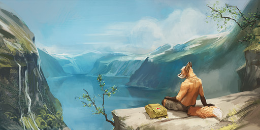 anthro backpack biped bottomwear brown_body brown_fur cliff clothed clothing cloud detailed_background dipstick_tail fur gloves_(marking) lake landscape male markings mountain multicolored_body multicolored_fur multicolored_tail nature orange_body orange_fur outside plant scenery shorts sitting sky solo tail tail_markings topless tree white_body white_fur civetstranj canid canine fox mammal signature