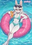 anthro areola areola_slip beverage bikini bikini_bottom bikini_top breasts clothed clothing container cup eyewear eyewear_on_head female fur hair holding_container holding_cup holding_object inflatable juice_(beverage) looking_at_viewer lying navel on_back orange_juice outside partially_submerged pool pool_float pool_toy smile solo sunglasses sunglasses_on_head swimwear two-piece_swimsuit water white_body white_fur pineblush lagomorph leporid mammal rabbit digital_media_(artwork) hi_res