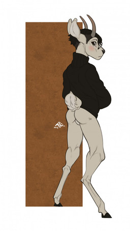 anthro backsack balls black_clothing black_hair black_hooves black_nose black_sweater black_topwear blush bottomless butt clothed clothing eyewear fur genitals glasses glistening glistening_eyes grey_body grey_fur hair hooves male mouth_closed scut_tail short_hair short_tail simple_background solo standing sweater tail three-quarter_view topwear riorix species_request 2017 dated full-length_portrait hi_res portrait signature