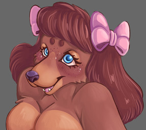 accessory anthro blue_eyes blush blush_lines breasts brown_hair cleavage clothed clothing eyelashes female freckled_face freckles glistening_eyelids hair hair_accessory hair_ribbon long_ears long_eyelashes long_hair looking_at_viewer ribbons shy shy_smile solo teeth_showing tuft jjunebugz junebug_(jjunebugz) canid canine canis dachshund domestic_dog hunting_dog mammal bust_portrait hi_res painting_(artwork) portrait