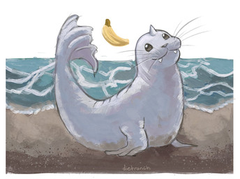 ambiguous_gender banana fangs feral food fruit horn looking_at_viewer plant sea shore solo teeth water whiskers white_body dietranch nintendo pokemon dewgong generation_1_pokemon pokemon_(species) 2025 hi_res signature