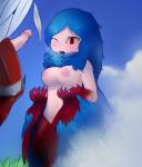 anthro blue_hair bodily_fluids breasts cloud cum cum_on_breasts cum_on_face cum_on_hand cum_string duo erection feathered_wings feathers female genital_fluids genitals hair humanoid_genitalia humanoid_penis male navel nipples nude outside penis red_eyes sky solo_focus wings plantpenetrator european_mythology greek_mythology mythology terraria avian harpy harpy_(terraria) mythological_avian mythological_creature digital_media_(artwork) hi_res