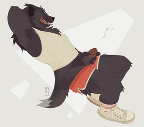 anthro armpit_tuft black_body black_fur bodily_fluids bottomwear bottomwear_down clothed clothing cum cumshot dipstick_tail ejaculation erection eyes_closed fur genital_fluids genitals glans grey_body grey_fur hand_behind_head humanoid_genitalia humanoid_penis male male_anthro markings masturbation open_mouth open_smile partially_clothed partially_clothed_anthro partially_clothed_male penis shirt shorts shorts_down simple_background sitting smile solo tail tail_markings tank_top teeth tongue topwear whisker_spots remulle_(artist) converse dasyurid dasyuromorph mammal marsupial tasmanian_devil 2026 absurd_res hi_res