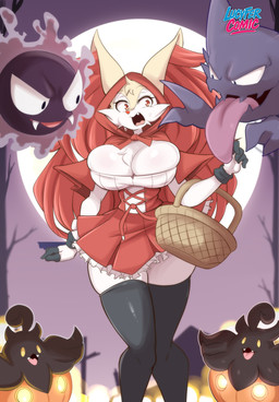 ambiguous_gender anthro big_breasts blush bodily_fluids breasts clothed clothing cute_fangs fangs female group holidays legwear open_mouth sweat sweatdrop sweaty_breasts teeth tongue tongue_out lucyfercomic halloween nintendo pokemon bray_(lucyfercomic) braixen gastly generation_1_pokemon generation_6_pokemon haunter pokemon_(species) pumpkaboo absurd_res hi_res