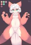 anthro anus biped black_background black_pawpads breasts claws emotionless female fur genitals hair kemono looking_at_viewer navel nipples nude orange_body orange_eyes orange_fur pawpads paws pussy seductive simple_background solo spread_legs spreading white_body white_fur white_hair yakimo canid canine mammal 2016 hi_res