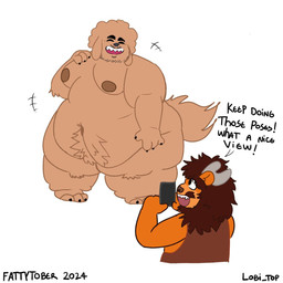 anthro belly big_belly dialogue duo huge_belly male male/male navel nerd obese overweight overweight_male photo text weight_gain lobi_top fattytober canid canine felid lion mammal pantherine 1:1 english_text hi_res