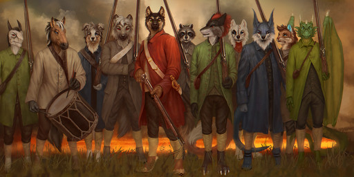 3_toes 4_toes 5_fingers anthro claws clothed clothing detailed_fur feet fingers fur group gun hair horn male membrane_(anatomy) membranous_wings ranged_weapon sunset tail toes weapon wings conditional_dnp royz european_mythology mythology canid canine canis domestic_cat domestic_dog dragon equid equine felid feline felis horse leopard mammal mythological_creature mythological_scalie pantherine procyonid raccoon scalie sergal tiger western_dragon wolf detailed