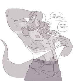 anthro armpit_fetish armpit_sniffing beard bodily_fluids clothing facial_hair hair male muscular muscular_anthro muscular_male musk nipples pecs shirt sniffing sniffing_own_armpit sniffing_self solo sweat tank_top text topwear visible_sniffing mindmechanica tagg dinosaur prehistoric_species reptile saurischian scalie theropod tyrannosaurid tyrannosauroid tyrannosaurus tyrannosaurus_rex english_text hi_res