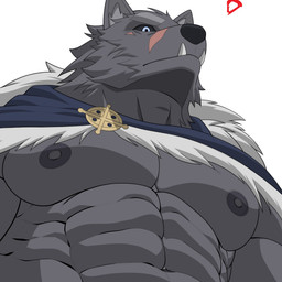 abs anthro black_sclera cape cape_only clothing fangs fur grey_body grey_fur low-angle_view male mostly_nude muscular muscular_anthro muscular_male navel nipples pecs pubes simple_background solo teeth white_background cresxart elden_ring fromsoftware blaidd_(elden_ring) canid canine canis mammal wolf 1:1 hi_res shaded