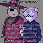 anthro biped bottomwear brown_body clothing duo hat headgear headwear humanoid_hands male pants purple_body shirt text topwear yagamikuro67 unicorn_wars padre_(unicorn_wars) sargento_caricias bear mammal 1:1 2023 hi_res spanish_text