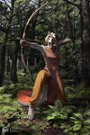 anthro arrow_(weapon) bow_(weapon) canid canine canis clothed clothing digital_media_(artwork) feathers female forest hair heterochromia hi_res hunting mammal plant ranged_weapon solo tail techiesxc tree weapon wolf