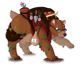 backpack bedding blanket book brown_body brown_eyes brown_fur brown_nose claws clothing eyebrows eyewear eyewear_only feral fur gardening_tool glasses glasses_only headgear headwear journal leg_pack male nude open_mouth plant plant_pot potted_plant raised_arm raised_eyebrows seedling solo sprout_(plant) vines water_skin wearing_glasses bearwyn bear brown_bear mammal ursine 5:4