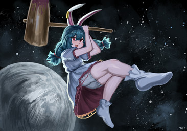 bloomers blue_clothing blue_dress blue_hair bottomwear clothed clothed_female clothed_humanoid clothing dress ear_clip female footwear frilly frilly_clothing frilly_dress fully_clothed fully_clothed_female fully_clothed_humanoid hair hammer holding_hammer holding_object holding_tool kine_(mallet) looking_at_viewer moon open_mouth open_smile red_eyes smile solo space tools white_bloomers white_bottomwear white_clothing white_ears white_footwear 103anon touhou seiran animal_humanoid humanoid lagomorph lagomorph_humanoid leporid_humanoid mammal mammal_humanoid rabbit_humanoid hi_res