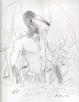 anthro beak clothed clothing egyptian feathered_wings feathers gloves_(marking) jewelry lily_pad long_neck male markings necklace partially_submerged plant solo topless water wings heather_bruton avian bird ibis pelecaniform threskiornithid 2011 greyscale monochrome sketch