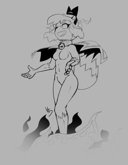 anthro bell bell_collar biped breasts cape clothing collar cosplay crossover_cosplay dipstick_tail eyes_closed facial_markings fangs featureless_breasts featureless_crotch female fire gloves_(marking) grey_background hair head_markings jingle_bell jingle_bell_collar leg_markings markings mask_(marking) midriff mostly_nude navel open_mouth open_smile simple_background small_breasts smile socks_(marking) solo standing tail tail_markings teeth three-quarter_view high5art brand_new_animal cult_of_the_lamb massive_monster_(studio) studio_trigger lamb_(cult_of_the_lamb) michiru_kagemori red_crown_(cult_of_the_lamb) canid canine mammal raccoon_dog tanuki 2022 crossover digital_drawing_(artwork) digital_media_(artwork) full-length_portrait greyscale hi_res monochrome portrait signature sketch