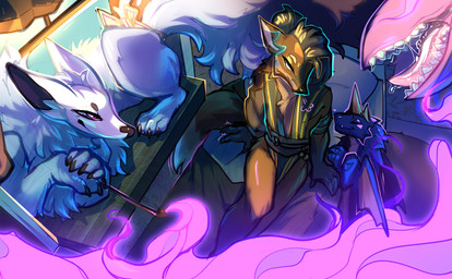 ambiguous_gender anthro bed blue_body blue_scales brown_body brown_fur exasperated female feral fur furniture group hair long_hair male mask purple_smoke scales smoke smoking_pipe tail tail_mouth unusual_anatomy unusual_tail white_body white_fur window conditional_dnp elvche european_mythology mythology shui_(slethis) xohp_(slethis) dragon fox_spirit mythological_creature mythological_scalie scalie western_dragon hi_res