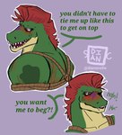 anthro bdsm blush bondage bound dialogue green_body hair machine male mohawk muscular muscular_anthro muscular_male open_mouth red_hair rope simple_background smile solo speech_bubble teeth text dian five_nights_at_freddy's five_nights_at_freddy's:_security_breach scottgames steel_wool_studios montgomery_gator alligator alligatorid animatronic crocodilian reptile robot scalie 2022 absurd_res digital_drawing_(artwork) digital_media_(artwork) english_text hi_res signature