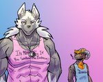 abs anthro blue_clothing blue_shirt blue_tank_top blue_topwear chest_tuft cigarette clothing duo fur fur_markings gradient_background grey_body grey_fur hair horn humor imminent_vore jewelry long_hair looking_at_viewer male male/male markings muscular muscular_male orange_eyes orange_hair pendant pink_clothing pink_shirt pink_tank_top pink_topwear red_eyes shirt simple_background smile smoking smoking_cigarette tank_top topwear tuft white_body white_fur mrease slightly_damned azurai iratu_elexion canid canine canis demon mammal wolf