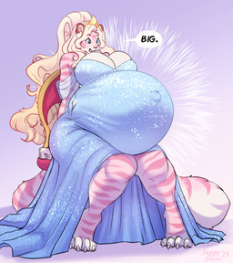 4_toes anthro belly big_belly big_breasts blonde_hair blue_clothing blue_dress blue_eyes breasts brown_nose chair clothed clothing crown dress eyebrows feet female fingers fur furniture glistening glistening_eyes hair headgear huge_belly huge_breasts long_hair open_mouth pink_body pink_fur pink_tongue pregnant pregnant_anthro pregnant_female shocked simple_background sitting solo striped_arms striped_body striped_fur striped_legs stripes tail text tiara toes tongue torn_clothing white_body white_fur tiggybloom marzipan_(tiggybloom) felid mammal pantherine tiger 2025 artist_name hi_res