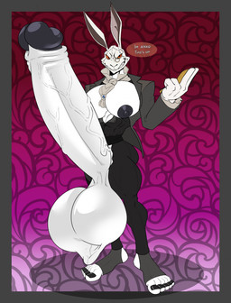 abstract_background anthro athletic balls belt big_balls big_muscles big_pecs big_penis black_bottomwear black_clothing black_nipples black_pants black_suit bottomwear buckteeth clothing dialogue eyewear feet fur genitals glans huge_balls huge_penis hyper hyper_genitalia hyper_penis long_ears looking_at_viewer male monocle muscular nipples open_belt pants pecs penis red_eyes scar scarf shirt slim smile solo suit suit_jacket surgical_suture teeth topwear vein veiny_penis white_body white_fur rxq capcom devil_may_cry white_rabbit_(dmc) lagomorph leporid mammal rabbit 2025 hi_res