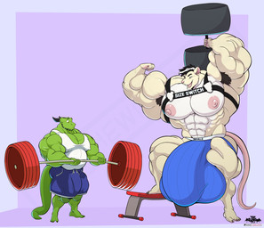 anthro big_muscles big_penis duo genitals green_body horn huge_muscles huge_penis hyper hyper_genitalia hyper_muscles hyper_penis male male/male muscular nipples penis pink_nipples weights thewilldpink mythology aidan_mouse syrl dragon mammal murid murine mythological_creature mythological_scalie rat rodent scalie hi_res