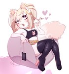 anthro bean_bag belt blonde_hair boots breasts cellphone cleavage clothed clothing electronics female footwear hair high_heeled_boots high_heels legwear phone shoes simple_background solo thigh_boots thigh_highs existenc3 domestic_cat felid feline felis mammal hi_res