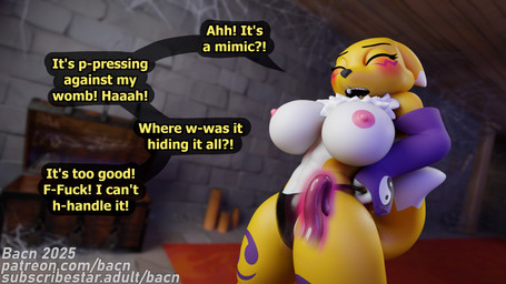 anthro areola big_breasts blush bottomwear breasts clothed clothing detailed_background dialogue dungeon female fingers fur huge_breasts inside nipples open_mouth panties partially_clothed penetration profanity sex solo standing standing_sex tail teeth tentacle_clothing tentacle_penetration tentacle_sex tentacles text topless treasure_chest underwear white_body white_fur x-ray_view yellow_body bacn bacn_(modeler) bandai_namco digimon renamon_(bacn) animate_inanimate canid canine digimon_(species) fox living_clothing mammal mimic renamon 16:9 2025 3d_(artwork) 4k absurd_res digital_media_(artwork) english_text hi_res widescreen