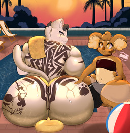 anthro back_muscles back_tattoo ball beach_ball big_butt black_clothing black_hair black_thong black_underwear blind_eye bulge butt butt_tattoo clothed clothing crouching detailed_bulge duo eye_scar facial_scar fur hair hand_on_butt inflatable looking_back male male/male mouth_closed muscular muscular_anthro muscular_male palm_tree plant pool poolside rear_view scar sitting size_difference smile spade_tattoo tail tattoo thick_thighs thong thong_only topless towel tree underwear underwear_only wet_butt white_body white_fur yellow_body yellow_clothing yellow_eyes yellow_fur yellow_thong yellow_underwear cocotapioca epic_games fortnite fan_character meowdas domestic_cat felid feline felis koala mammal marsupial vombatiform 2025 english_description hi_res