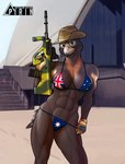 abs anthro assault_rifle australia australian_flag australian_flag_bikini beak bikini blue_eyes breasts brown_body building clothed clothing f88 female flag flag_bikini flag_print gloves gun handwear hat headgear headwear holding_gun holding_object holding_ranged_weapon holding_rifle holding_weapon landmark looking_at_viewer muscular muscular_anthro muscular_female navel non-mammal_breasts outside pecs pecs_with_breasts print_bikini print_clothing print_swimwear ranged_weapon rifle slouch_hat solo standing steyr_aug string_bikini swimwear text trigger_discipline two-piece_swimsuit weapon pirin-apex accipitrid accipitriform avian bird eagle hi_res url