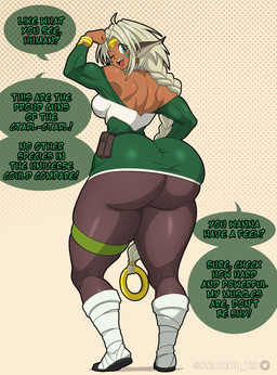 big_butt braided_hair breasts butt clothed clothing dark_body dark_skin dialogue female flexing footwear green_eyes hair one_eye_closed open_mouth open_smile side_boob smile solo white_hair wink snakebd outlaw_star aisha_clanclan animal_humanoid ctarl-ctarl felid felid_humanoid humanoid mammal mammal_humanoid 2026