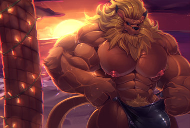 abs anthro beach beard belly biceps big_muscles black_nose blonde_hair blue_eyes bodily_fluids bulge clothed clothing cloud detailed_background ear_piercing facial_hair front_view hair holding_object huge_muscles long_hair male mane manly mature_anthro mature_male muscular muscular_anthro muscular_arms muscular_male nipples outside pecs piercing pose pubes sand sea seaside sky solo standing sunset sweat thong topless underwear vein water komboochie bandai_namco digimon digimon_(species) felid leomon mammal
