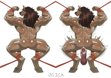 anal anal_penetration anthro arms_tied bdsm big_penis blue_eyes blush bodily_fluids bondage bound brown_hair cum cum_in_ass cum_inside duo flexing genital_fluids genitals glistening glistening_body hair legs_tied long_hair looking_at_viewer looking_back looking_back_at_viewer male male/male male_penetrated male_penetrating male_penetrating_male muscular muscular_anthro muscular_male nude_anthro nude_male penetration penis rear_view restraints rope rope_bondage sex simple_background solo_focus sweat thick_thighs cxcxxcxxxx equid equine horse mammal 2026 absurd_res colored digital_drawing_(artwork) digital_media_(artwork) hi_res