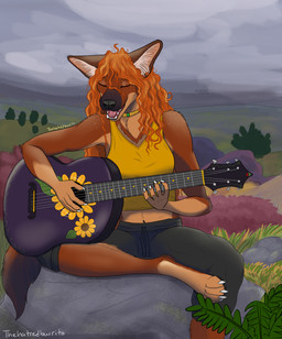 acoustic_guitar anthro female freckles fur guitar hair happy long_hair musical_instrument plucked_string_instrument red_body red_fur red_hair singing sitting solo string_instrument thehatredburrito canid canine dhole mammal hi_res