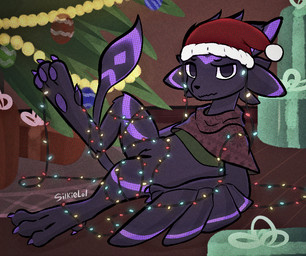 ambiguous_gender anthro christmas_clothing christmas_headwear christmas_tree clothing entangled feathers gift hat headgear headwear holidays plant santa_hat solo tree silkielol christmas avali character_request source_request