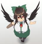 accessory ahoge arm_cannon big_breasts black_body black_feathers bottomwear bow_(feature) bow_accessory bow_ribbon breasts brown_hair cape centered_hair_bow clothed clothing feathered_wings feathers female footwear hair hair_accessory hair_bow hair_ribbon high-angle_view long_hair open_mouth red_eyes ribbons shirt skirt solo topwear wings houtengeki touhou utsuho_reiuji animal_humanoid avian avian_humanoid humanoid mammal