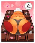 blush candy chef_hat chocolate clothing dessert embarrassed food hat headgear headwear heart_symbol lying male musk musk_clouds on_back orange_body panties skindentation slightly_chubby solo underwear kwskkaruta kirby_(series) nintendo chef_kawasaki 4:5