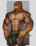 abs anthro beak big_bulge big_muscles body_hair brown_body brown_feathers bulge clothed clothing curved_beak detailed_bulge feathers front_view genital_outline genitals happy_trail male muscular muscular_anthro muscular_male pecs penis penis_base penis_outline pubes scuted_arms scutes solo standing tail tail_feathers underwear underwear_only vein veiny_muscles mixterart accipitrid accipitriform avian bird eagle absurd_res hi_res