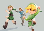 blonde_hair blue_eyes boots clothing footwear group hair humanoid_pointy_ears light_body light_skin male not_furry open_mouth open_smile pointy_ears shoes simple_background smile square_crossover trio nikogeyer breath_of_the_wild nintendo ocarina_of_time the_legend_of_zelda wind_waker link toon_link young_link elf humanoid hylian